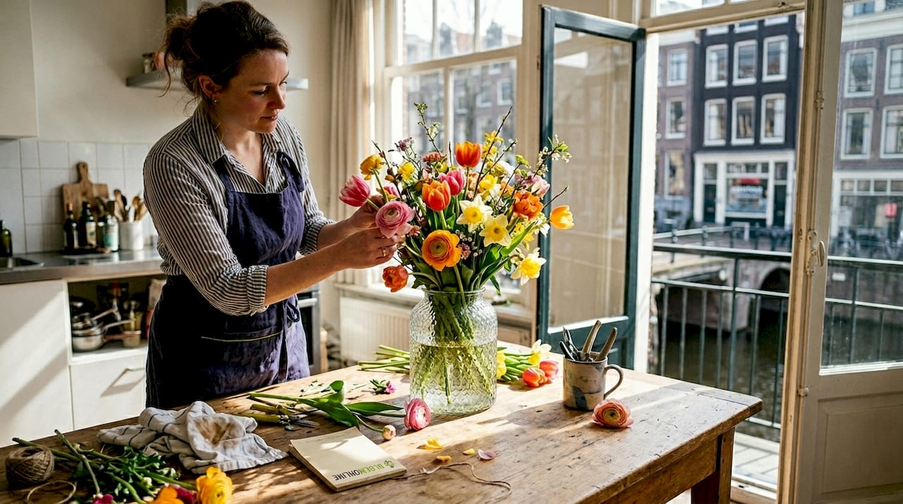 Een bloemist stelt een vrolijk lenteboeket samen aan de keukentafel.