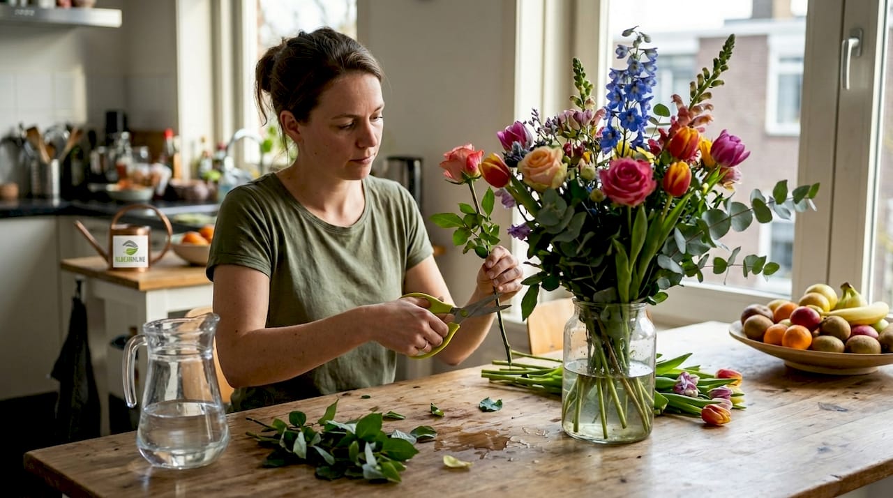 Een vrouw schikt verse bloemen op de keukentafel.