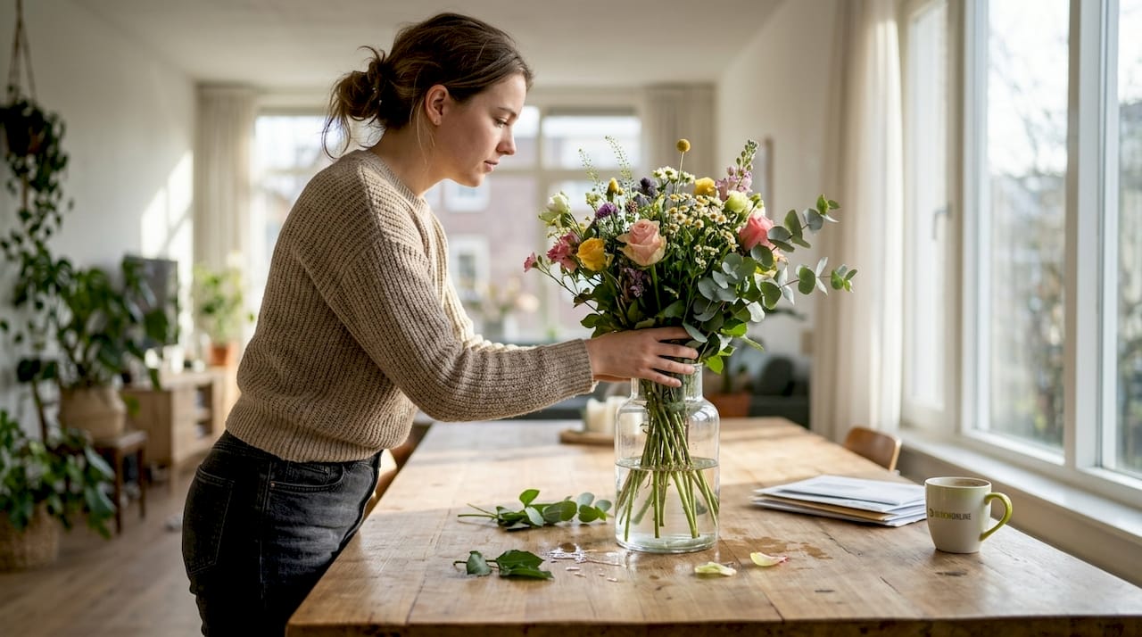 Een vrouw zet thuis een bos bloemen in een vaas.