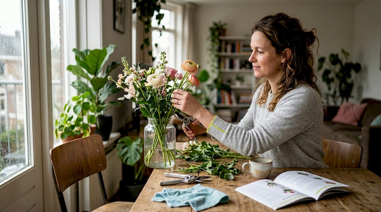 Een vrouw is thuis aan de eettafel bezig met het schikken van een boeket bloemen.
