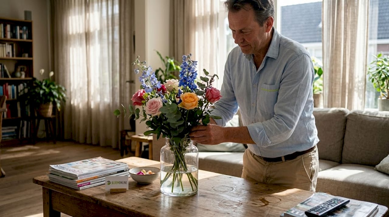 Een man zet bloemen mooi neer in een glazen vaas.