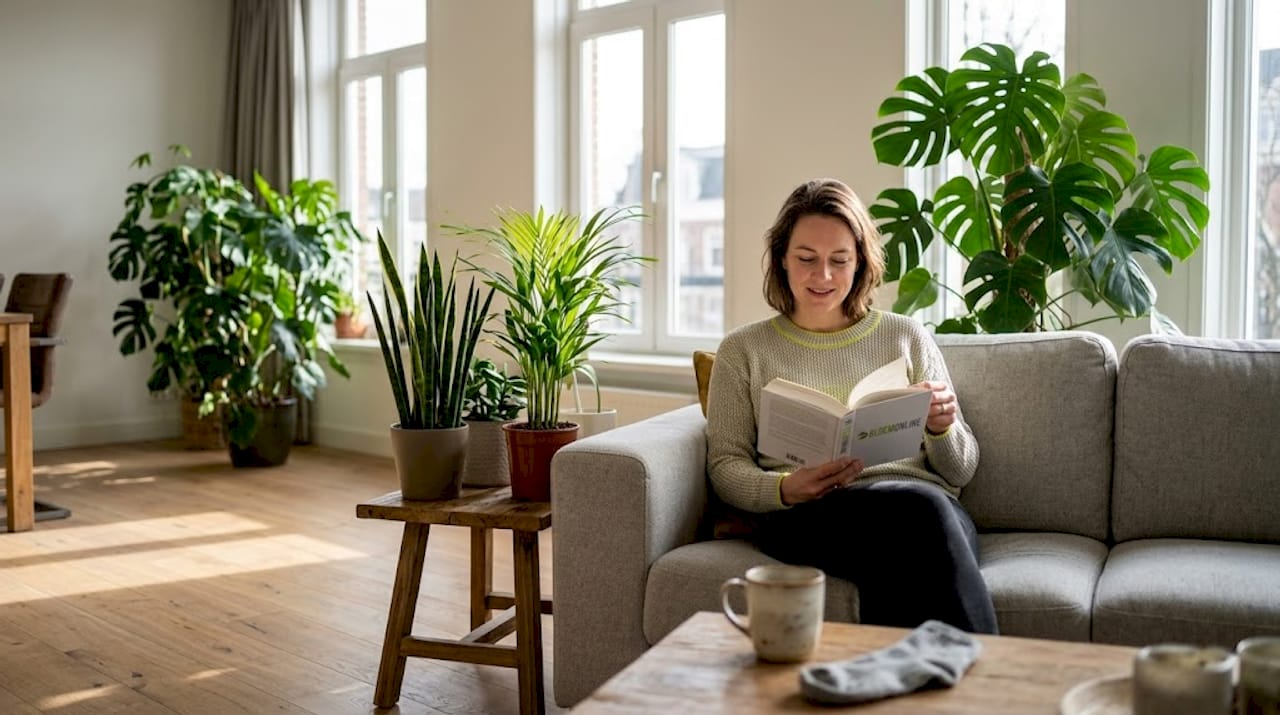 Een vrouw geniet van het zonlicht in haar woonkamer, omringd door groene kamerplanten.