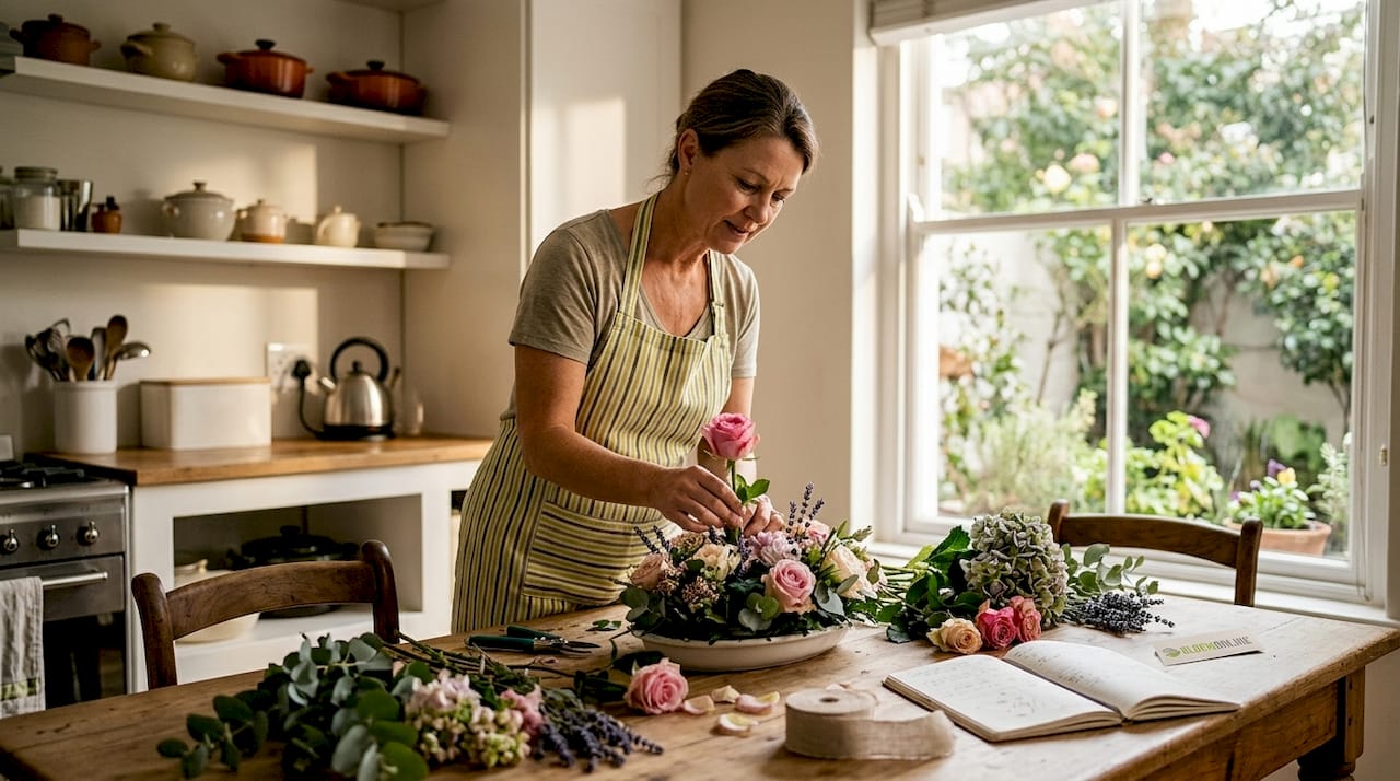 Aan de keukentafel in Nieuwpoort is een vrouw druk bezig haar bloemen mooi te rangschikken.