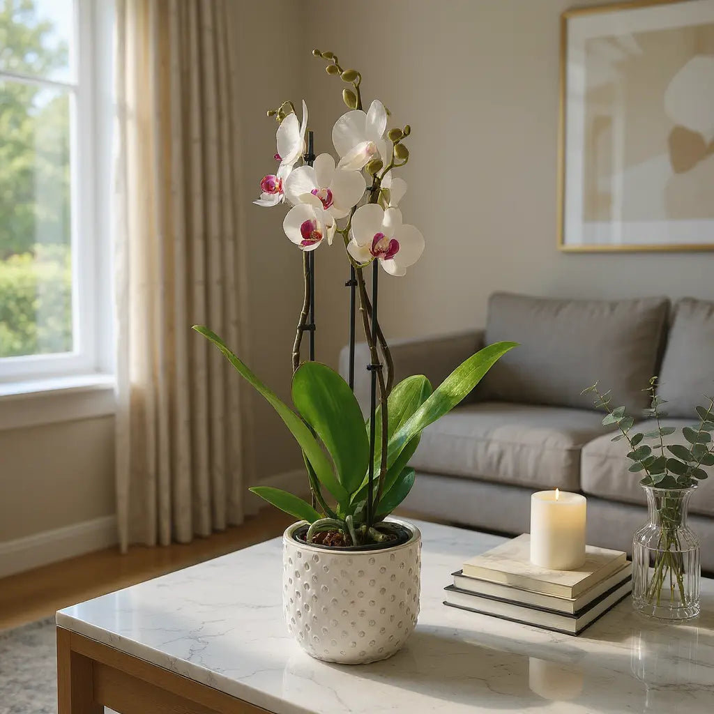 Witte orchidee met paarse middens in witte geribbelde pot op marmeren salontafel, naast kaars en boeken in een zonnige woonkamer.
