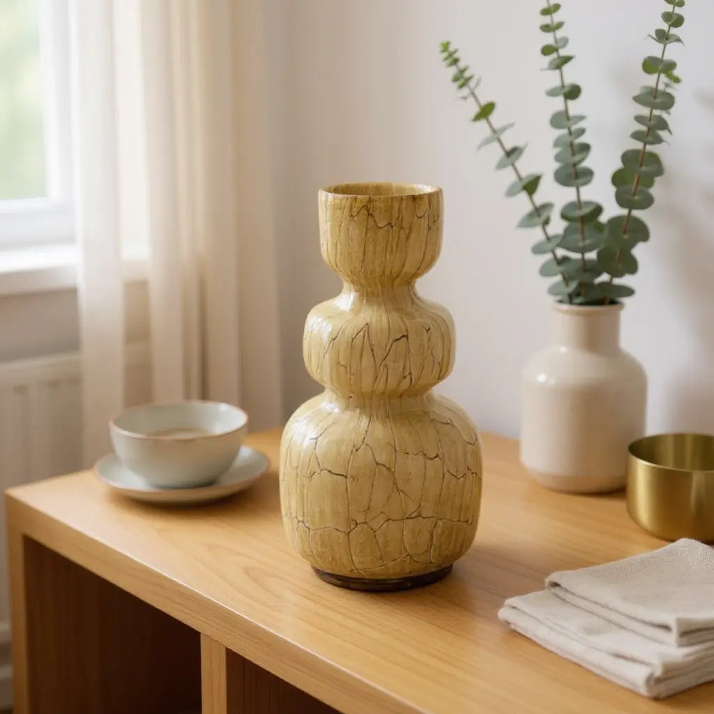 Vase Liona H25 Walnut: een grote, gebarsten crèmekleurige houten vazenvorm met drie bolvormige segmenten op een houten tafel, naast een stapel witte handdoeken en groene takken in een beige vaas.