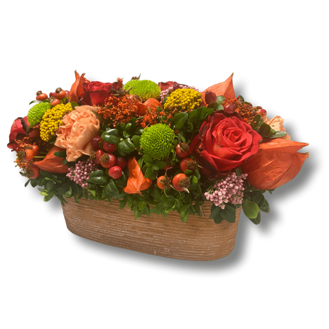 langwerpig herfstkleurig bloemstuk