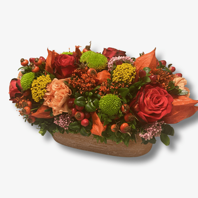 langwerpig herfstkleurig bloemstuk