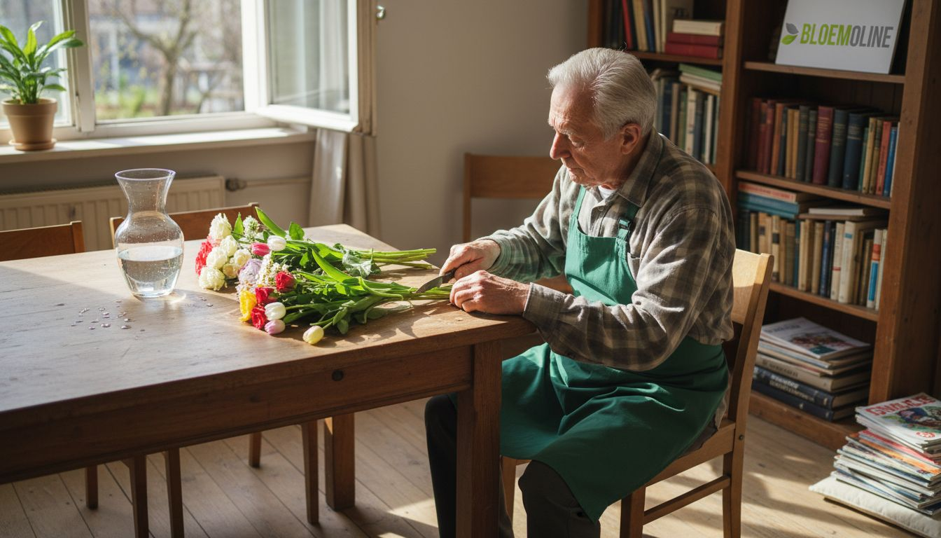 Een tuinier knipt verse bloemen en legt ze naast een vaas klaar om te schikken.