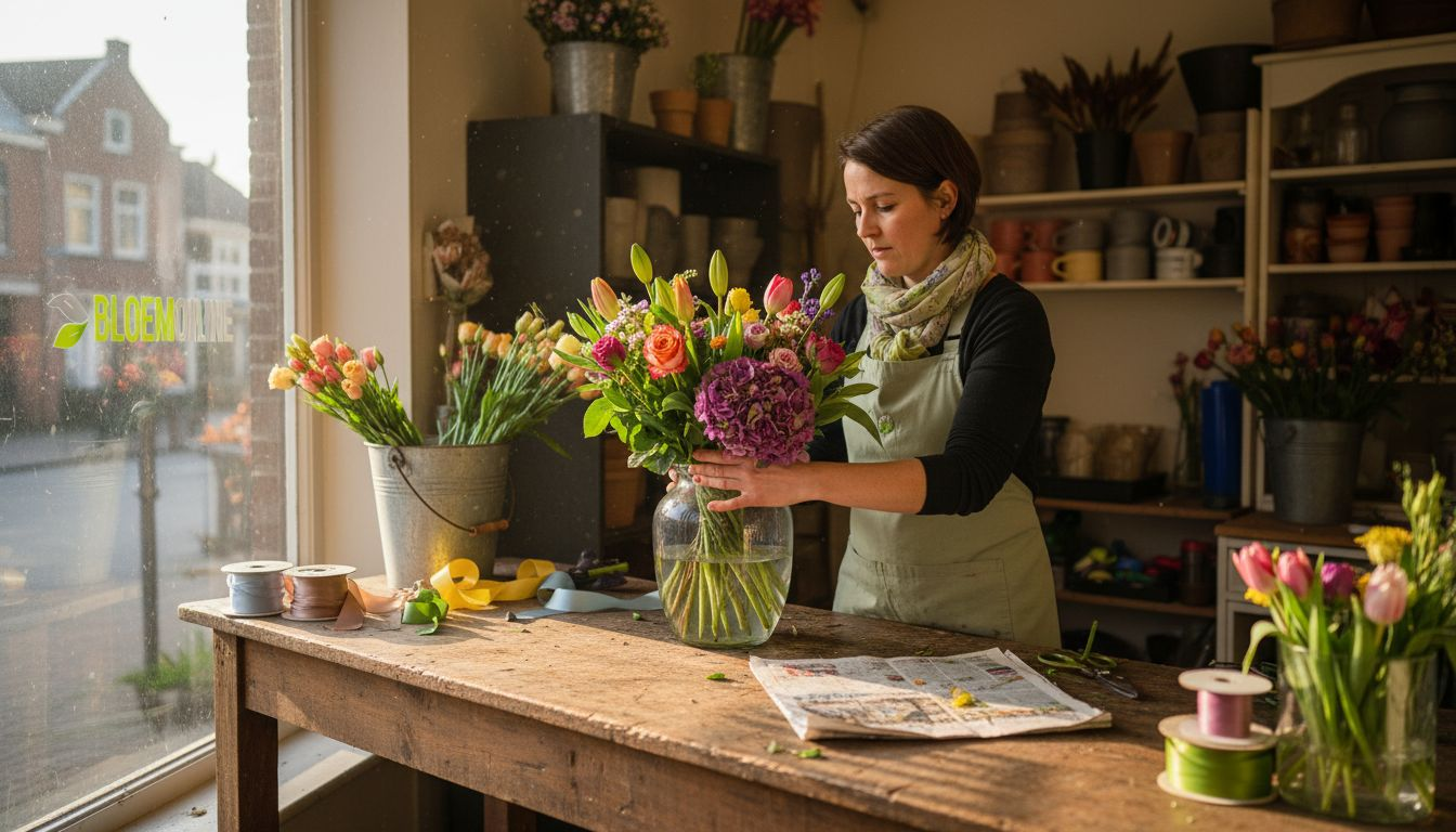 In een bloemenzaak in Nieuwpoort stelt de bloemist met zorg een prachtig boeket samen.