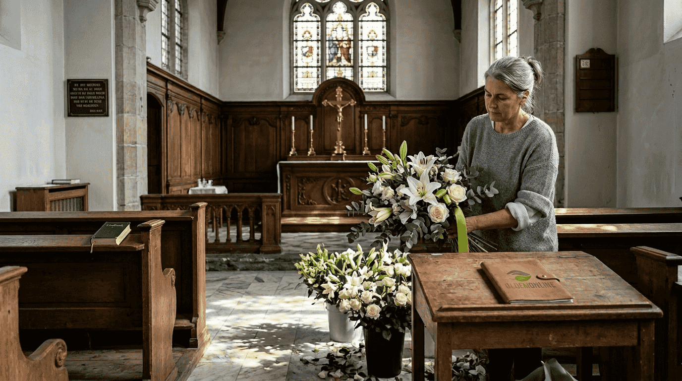 Bloemist verzorgt rouwstuk tijdens dienst in kerk Nieuwpoort