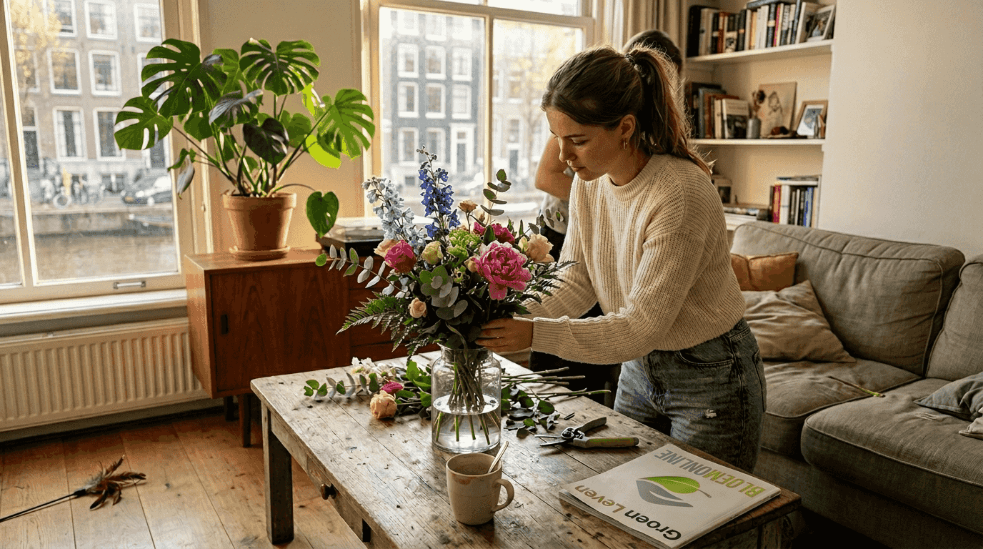 Een vrouw schikt verse snijbloemen op tafel, omringd door haar kamerplanten.