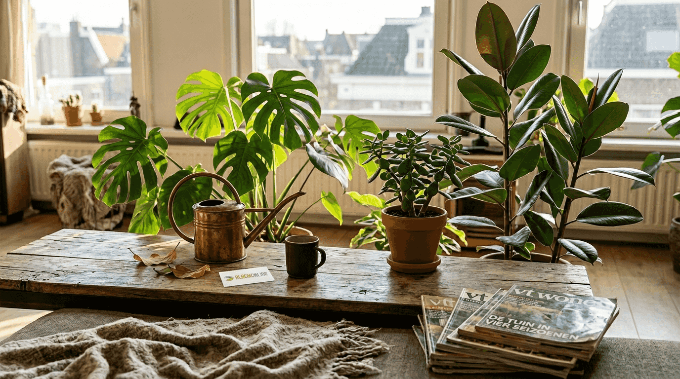 Verschillende kamerplanten zorgen voor een groene sfeer in de zonnige woonkamer.