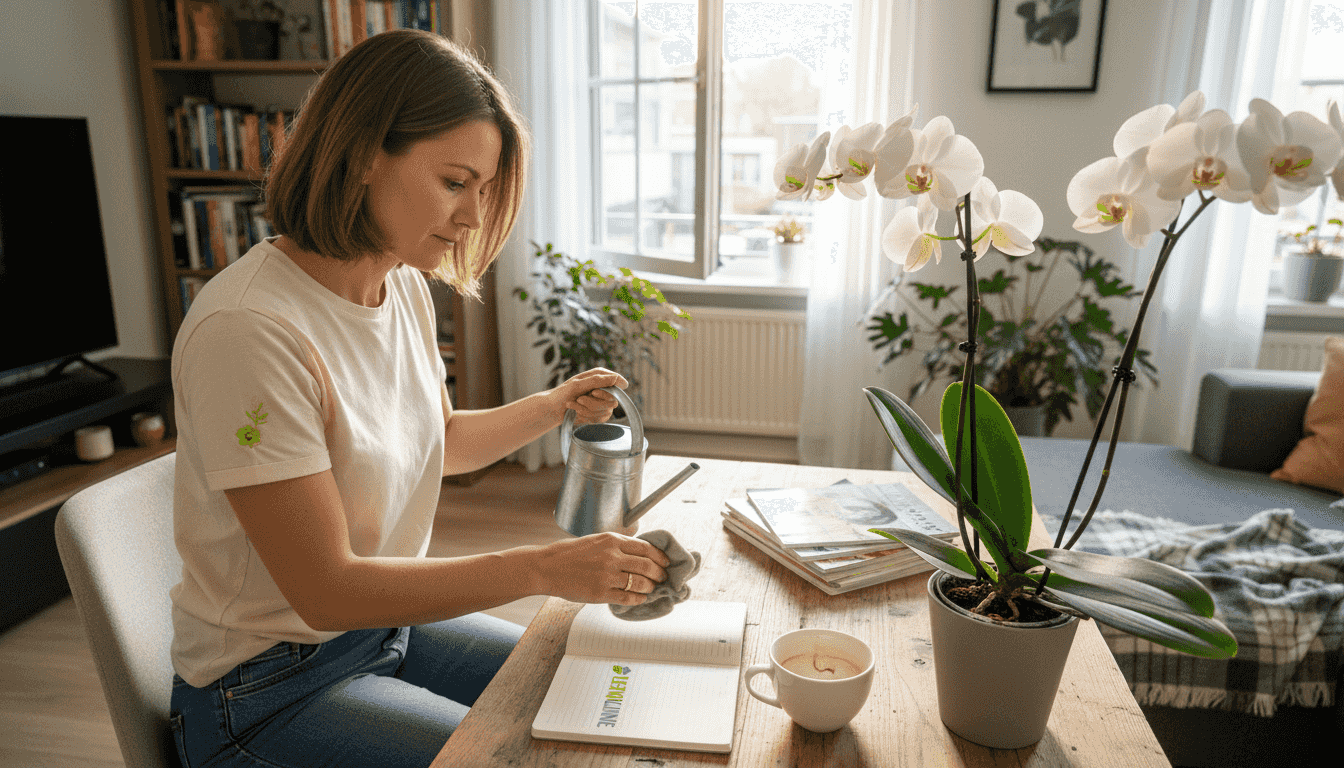 In een lichte woonkamer geeft een vrouw haar orchidee aandacht.