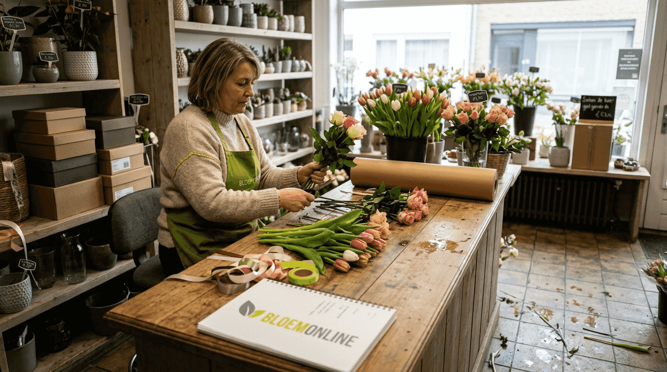 In een bloemenwinkel in Nieuwpoort maakt de bloemist de verse bloemen klaar voor de verkoop.