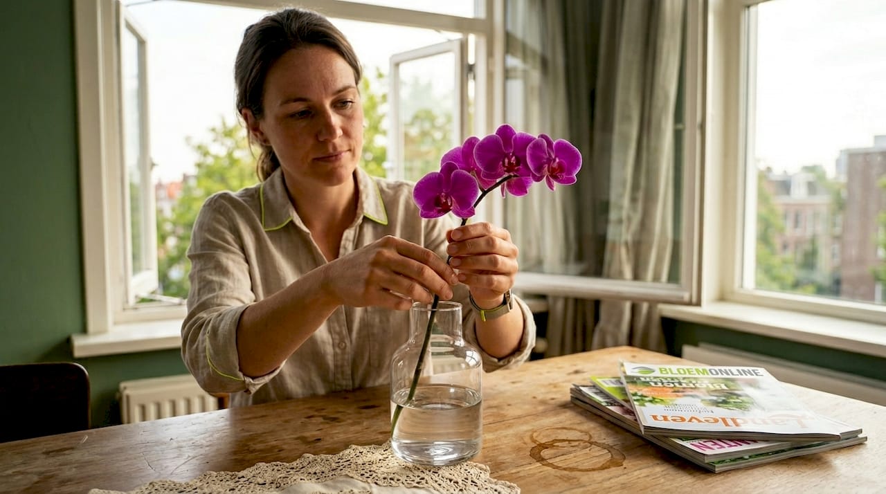 Vrouw rangschikt orchidee in zonnig appartement