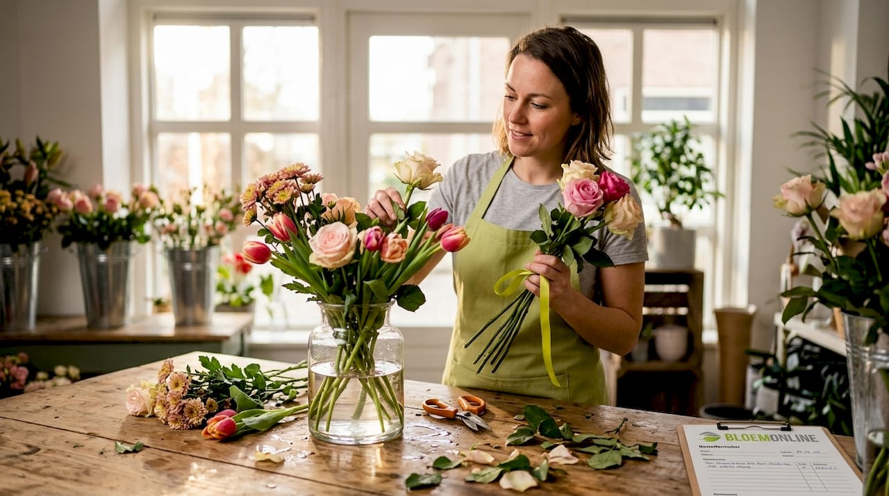 In de bloemenwinkel stelt de bloemist een kleurrijk boeket samen met verschillende soorten bloemen.