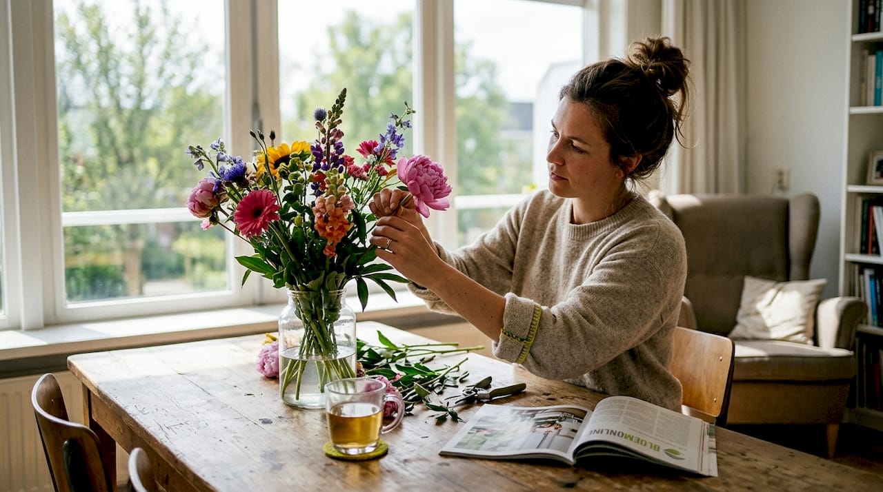 In de lichte woonkamer zet een vrouw met zorg een kleurrijk boeket in een vaas.