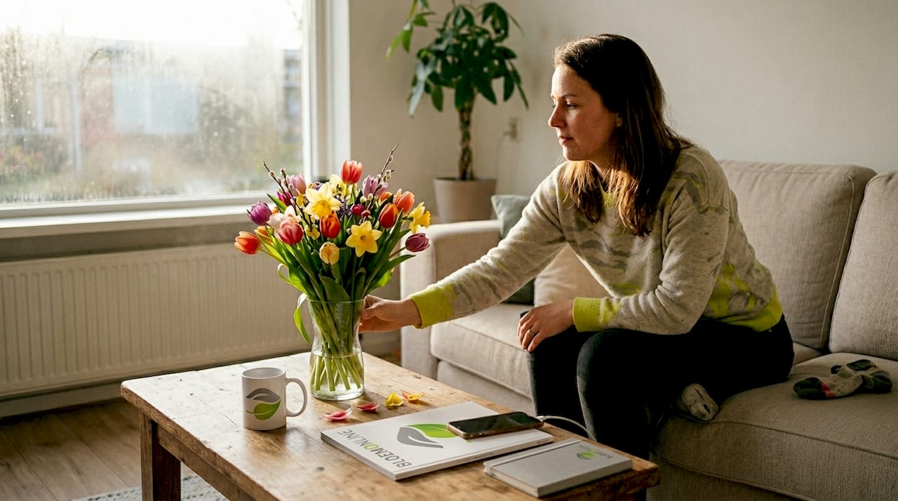 Een vrouw fleurt haar woonkamer op met een mooie bos seizoensbloemen.