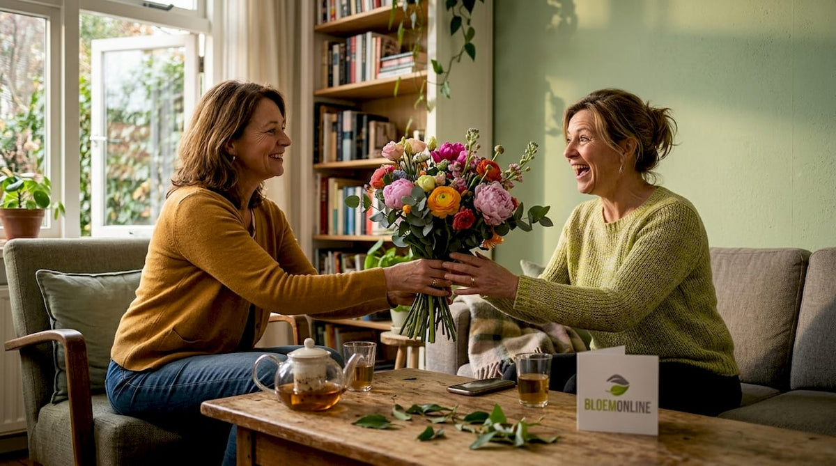 Een vrouw overhandigt een boeket bloemen in de woonkamer.