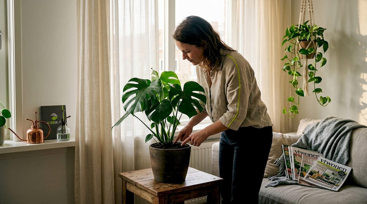 Een vrouw controleert of de potgrond van haar kamerplant nog vochtig genoeg is.