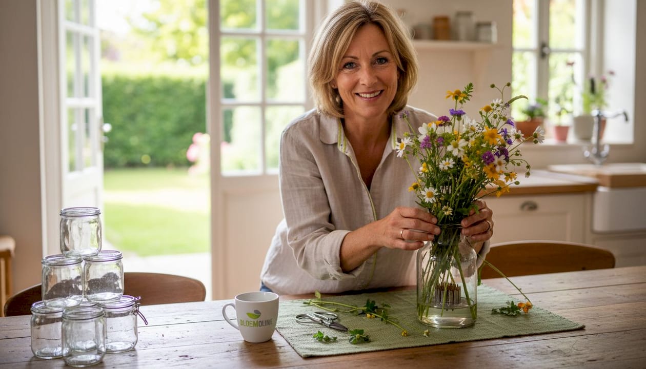 Aan de keukentafel maakt een vrouw een vrolijk boeket van vers geplukte veldbloemen.