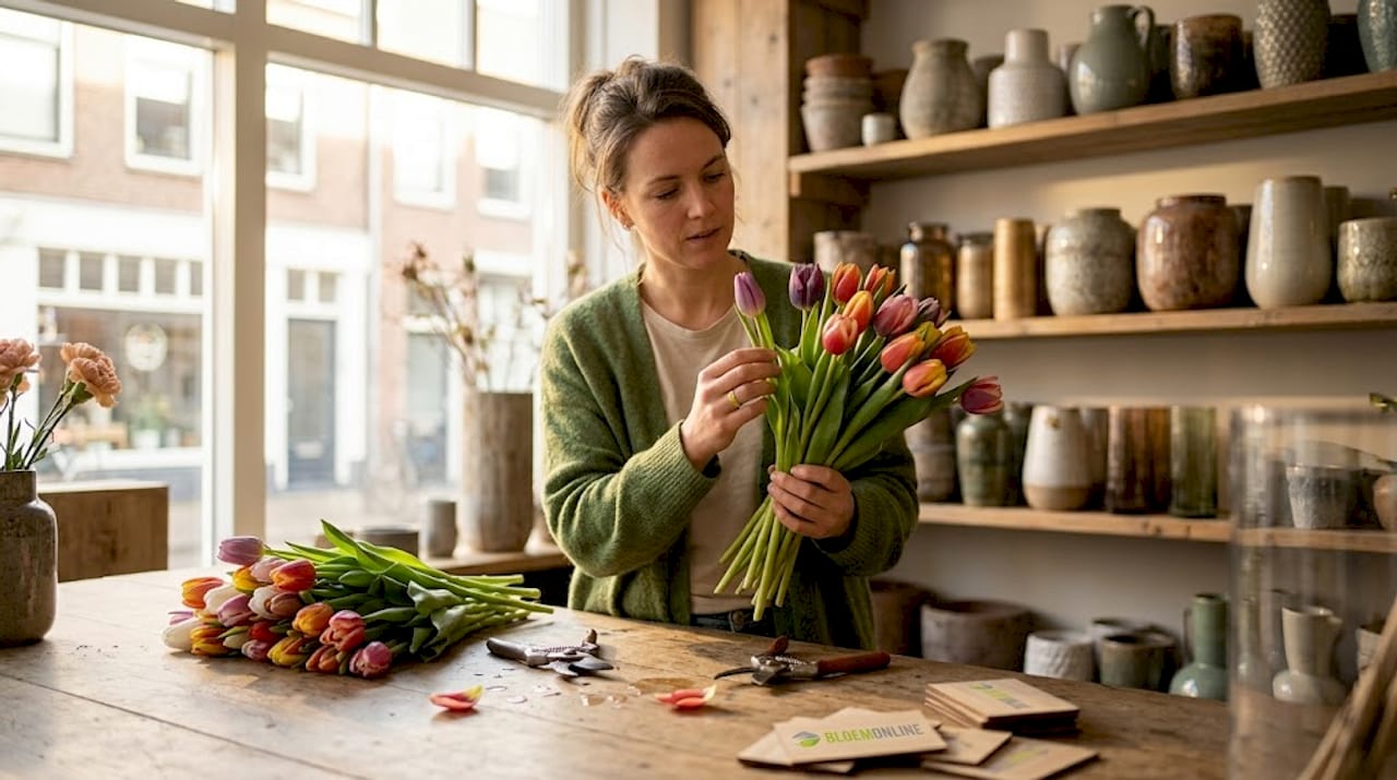 Een bloemist bekijkt aandachtig een bos verse tulpen aan de werktafel.