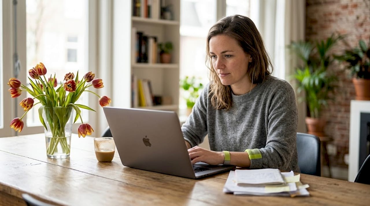 Een vrouw bladert thuis op haar laptop door een online catalogus met bloemen en planten.