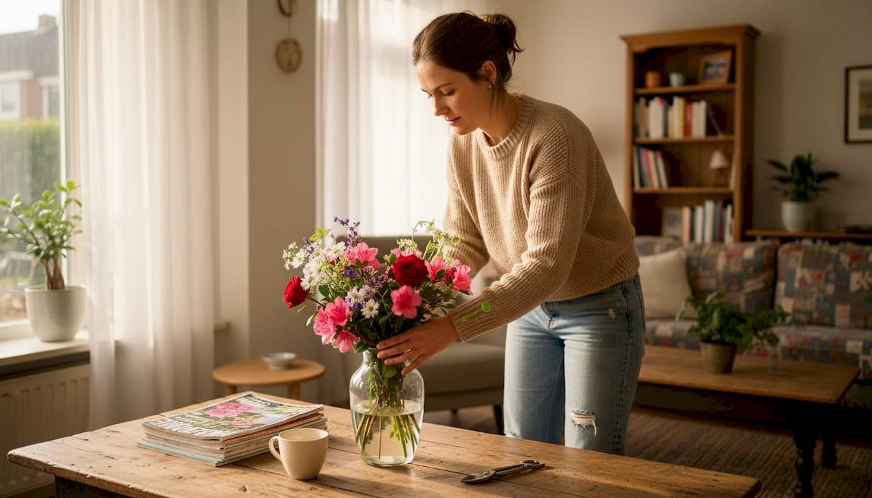 Een vrouw schikt een Belgisch bloemenboeket in haar woonkamer.