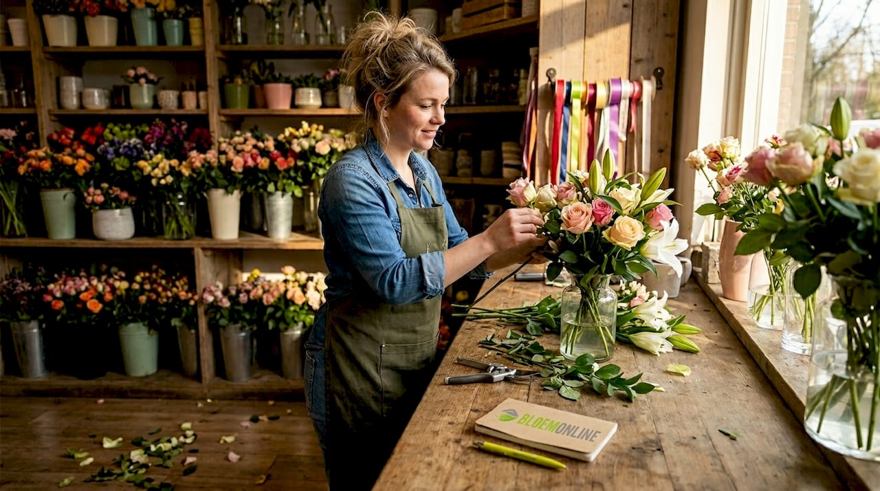 In de bloemenzaak stelt de bloemist met zorg een fairtrade boeket samen.