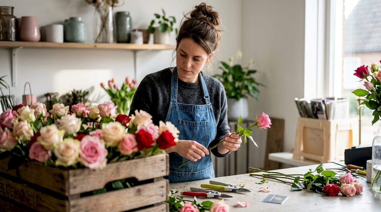 Een bloemist selecteert zorgvuldig rozen op een houten werkbank.