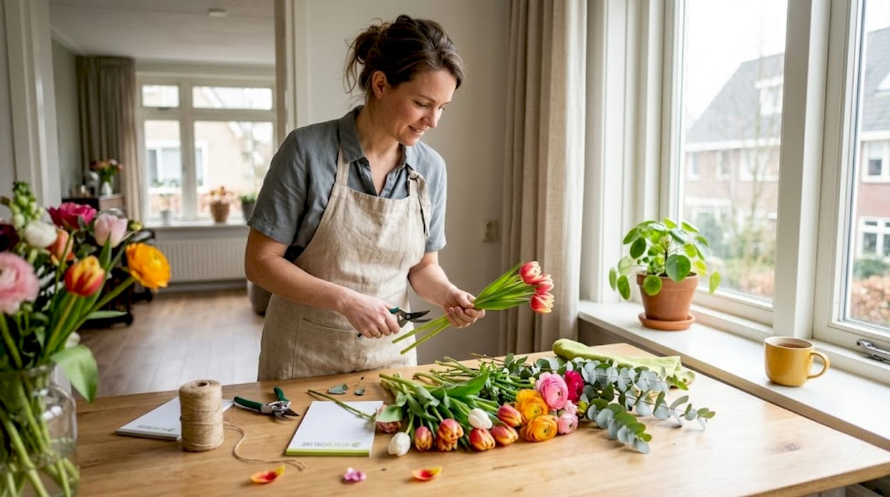 Aan de keukentafel is een vrouw bezig bloemen te schikken en bindt ze samen met touw.