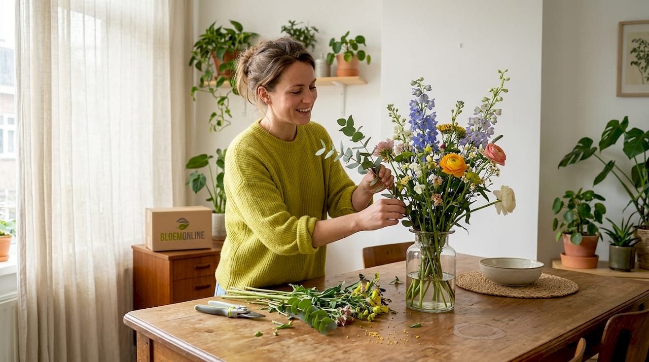 Een vrouw die thuis op een duurzame manier bloemen schikt.