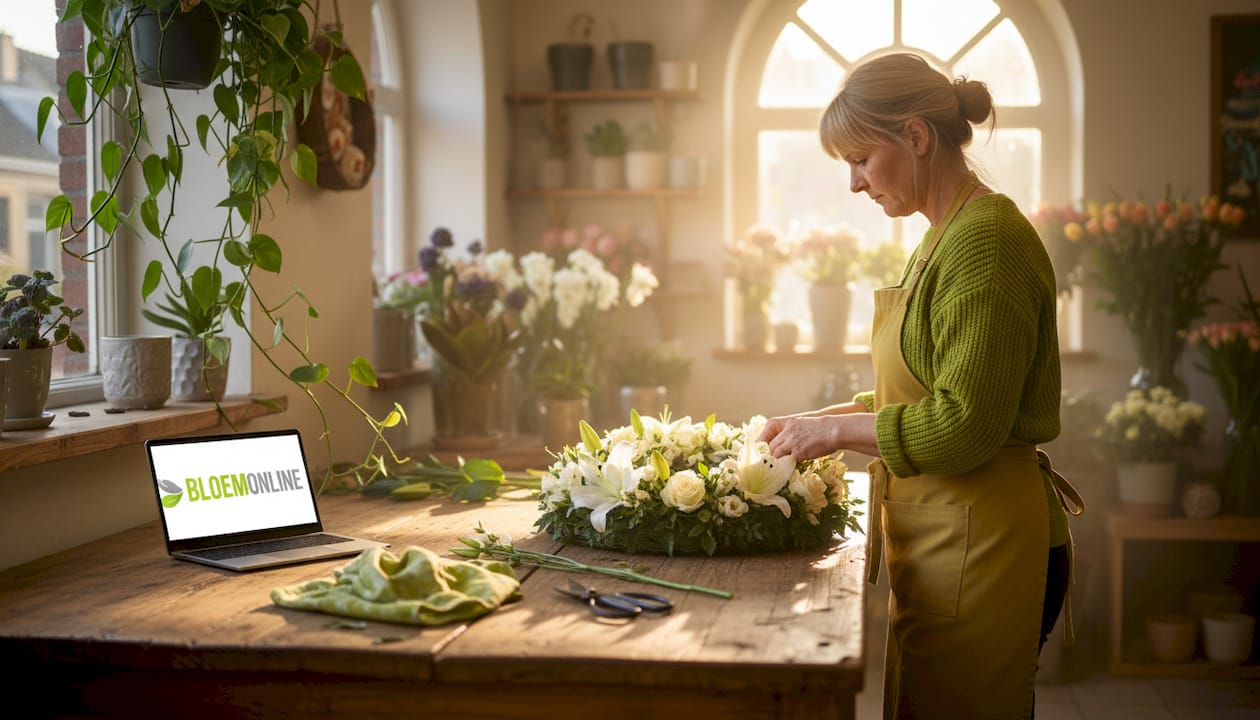 Met zorg stelt de bloemist een rouwkrans samen van witte bloemen.