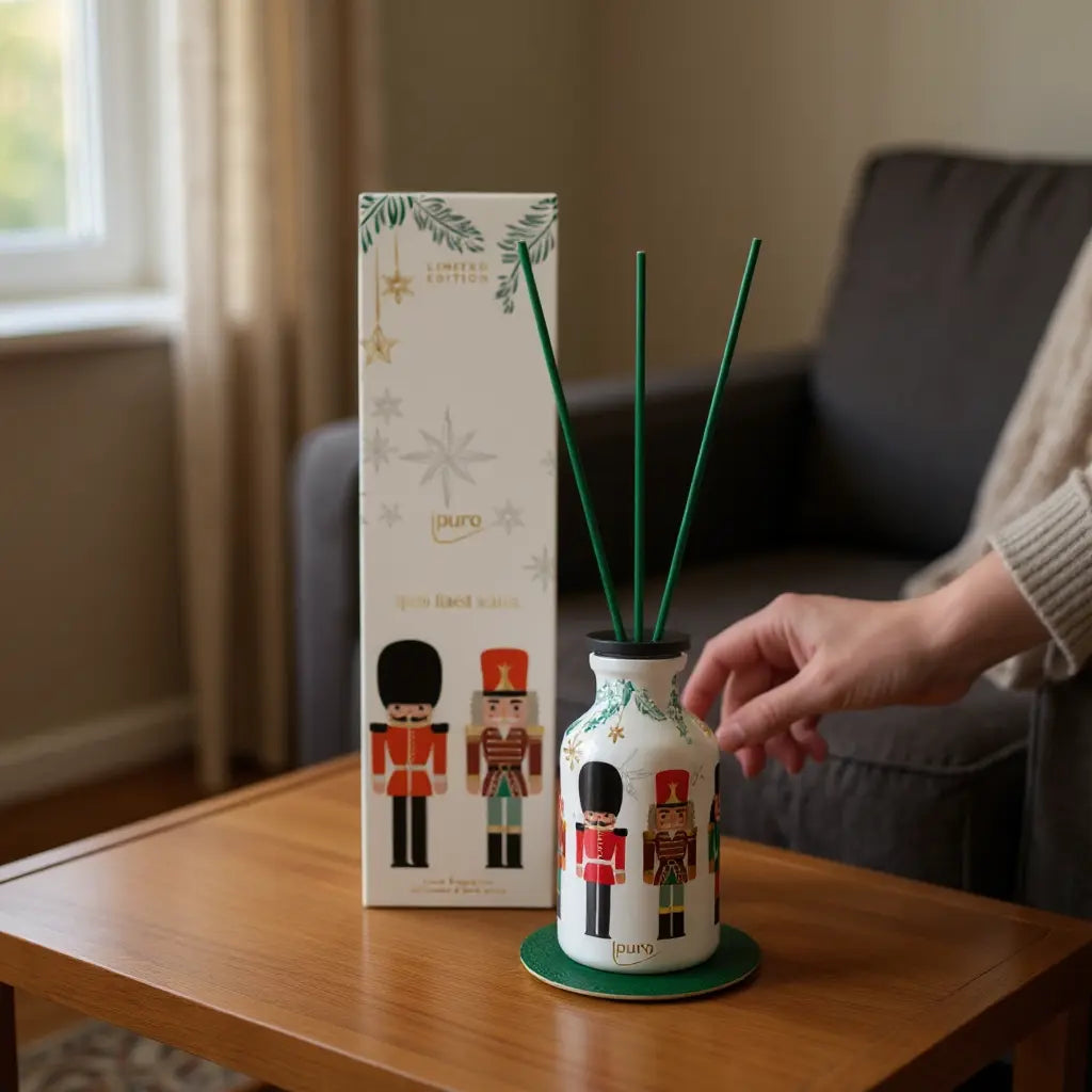 Limited edition Finest Season 240ml room diffuser with nutcracker print, next to its decorated box on a wooden table.