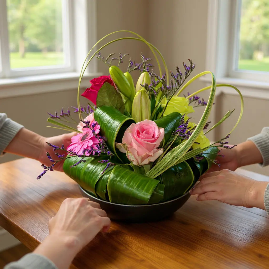 Bloemstuk halve bol color: kleurrijk arrangement met roze roos, roze bloem, lisianthussen en lavendel in een halve bol van groene bladeren in een zwarte schaal, op een houten tafel.