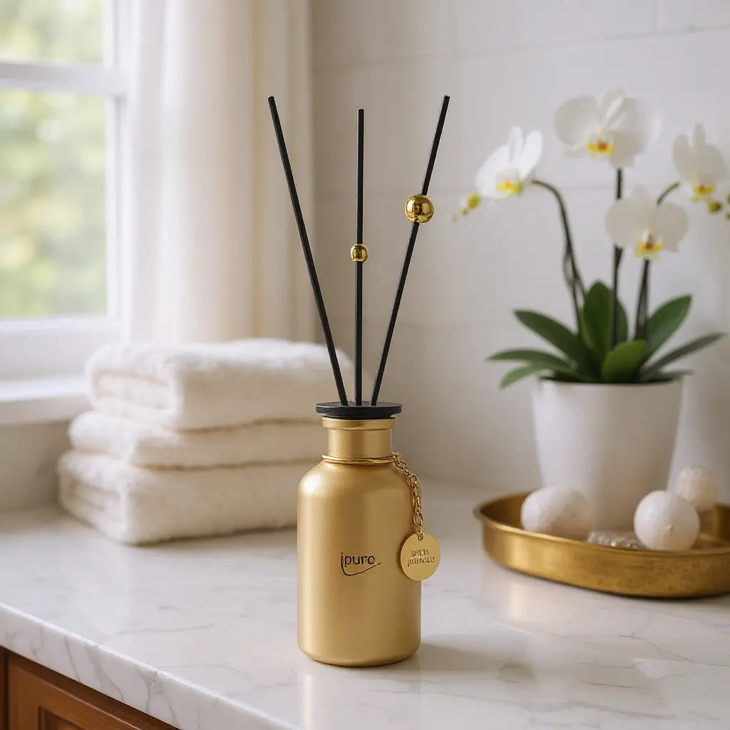 Gouden diffuserfles met zwarte rietjes en label, naast witte handdoeken en orchids in een lichte badkamer.