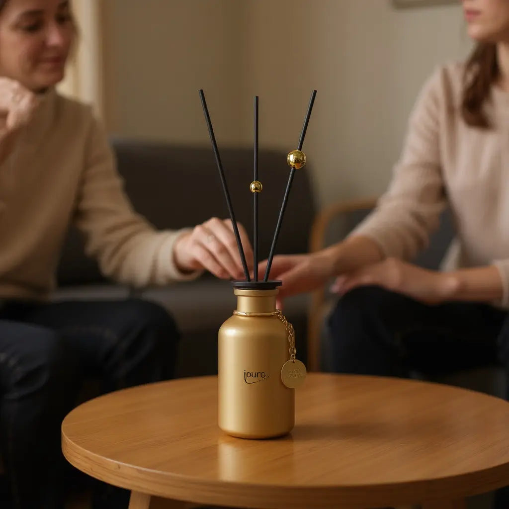 Limited edition Warm Glamour goud geurverspreider met zwarte rietjes en gouden hanger op een houten tafel, twee mensen op de achtergrond.