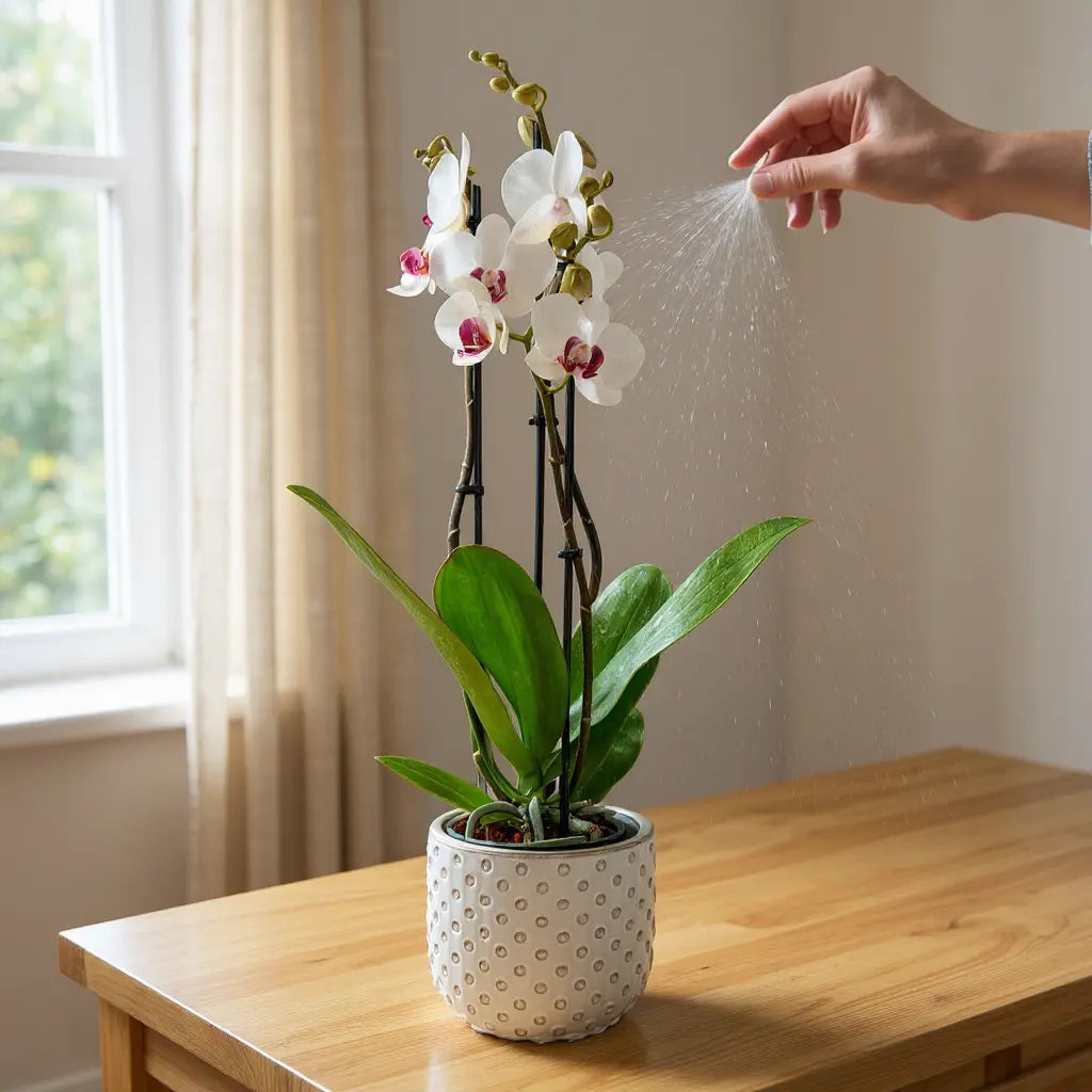 Een witte Phalaenopsis orchid met paarse en roze accenten in een geglazuurde poedelkleurige pot op een houten tafel; een hand verstuift waterdruppels.