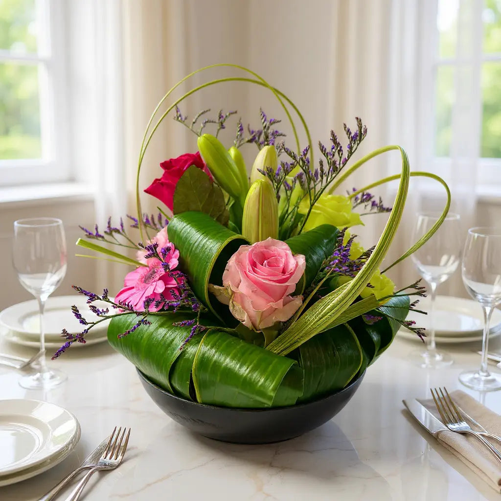 Bloemstuk halve bol in zwarte schaal met roze roos, pink bloemen en groene bladeren op tafel met glazen en bestek.