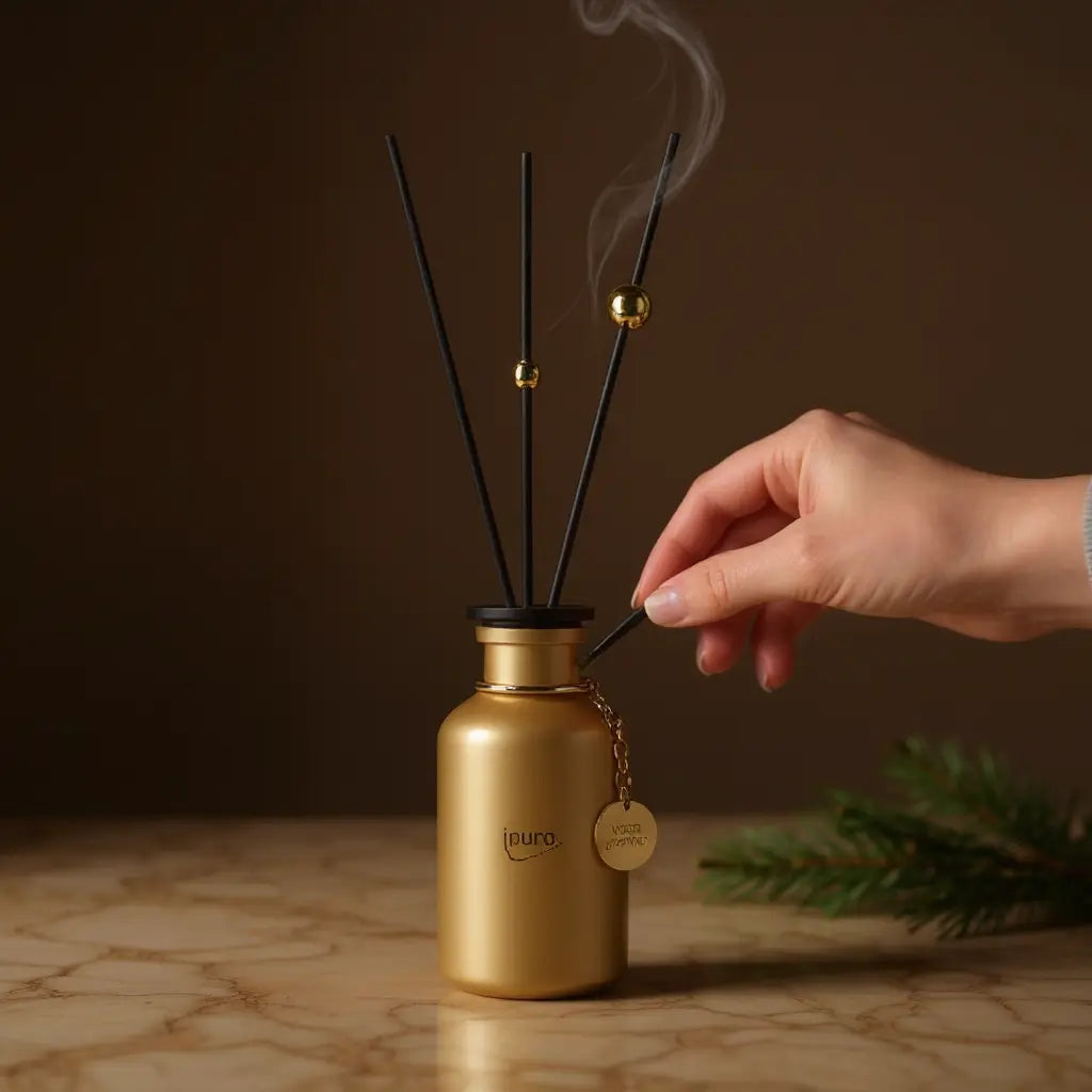 Limited edition gouden geur diffuserfles met zwarte rieten stokjes en rook, hand pakt ene stokje.