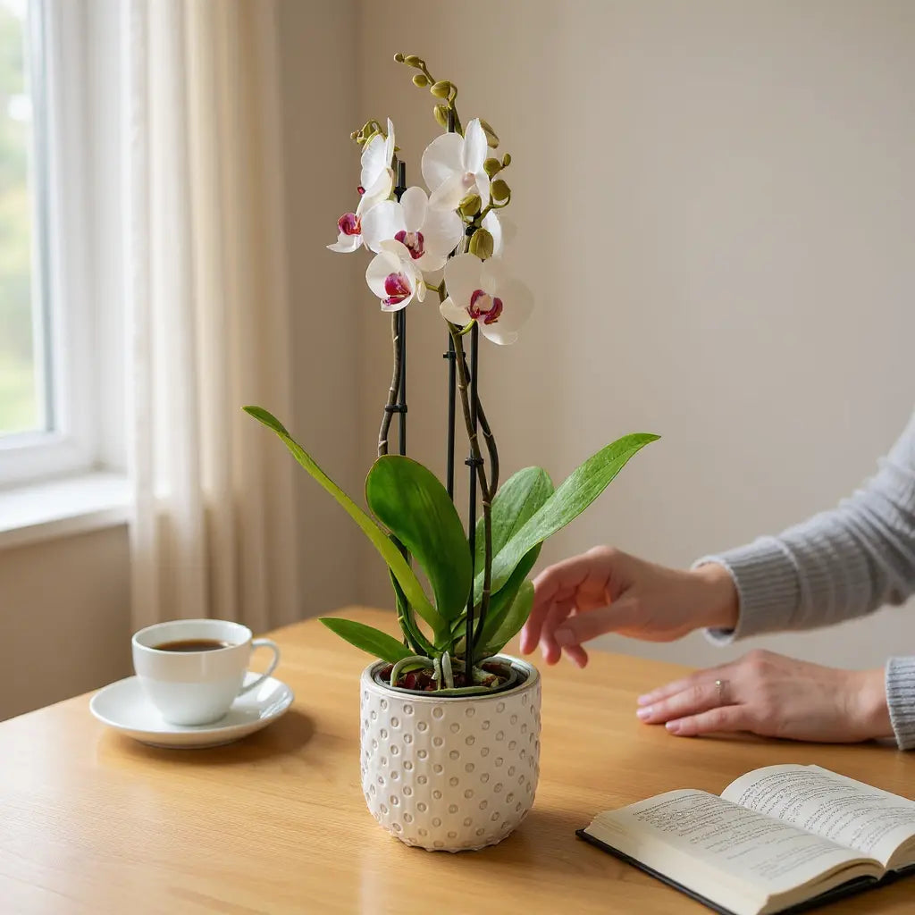 Orchidee in witte pot met textuur, op houten tafel naast boeken en koffiekopje; schaalbloei met witte bloemen en paarse centra.